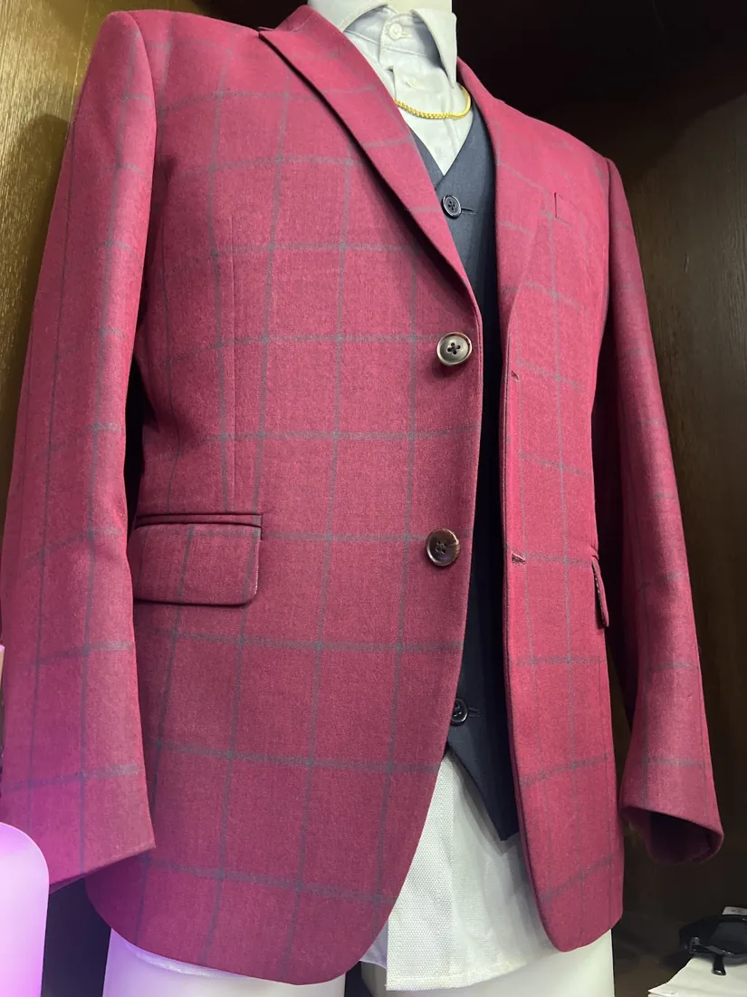 Burgundy check three-piece suit on the form