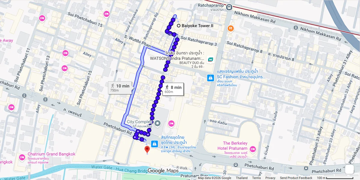 Google Maps walking route from Baiyoke Tower II to Platinum Fashion Mall, about 8 minutes