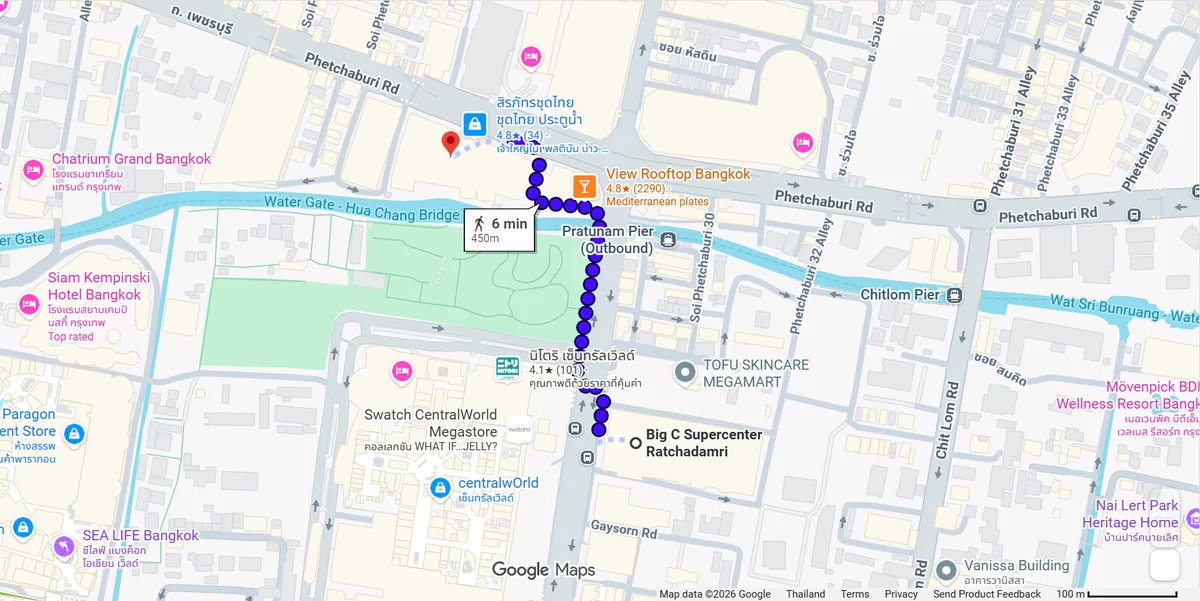Google Maps walking route from Big C Supercenter Ratchadamri to Platinum Fashion Mall, about 6 minutes