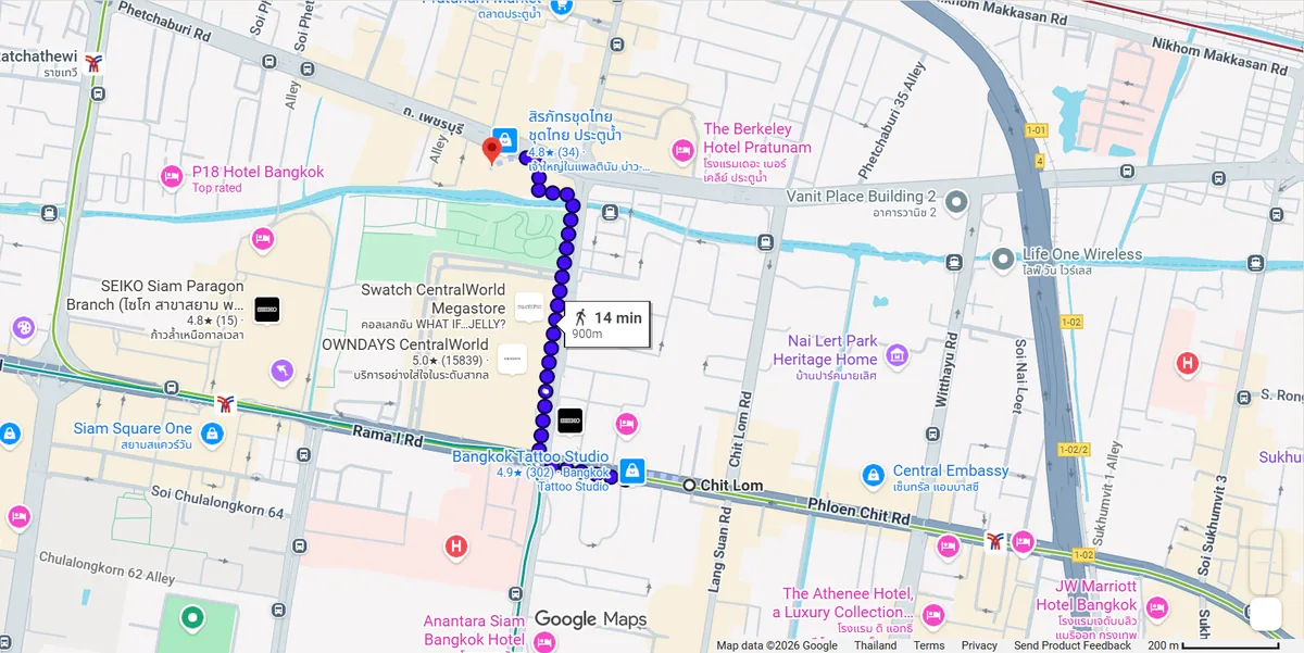 Google Maps walking route from BTS Chit Lom to Platinum Fashion Mall, about 14 minutes